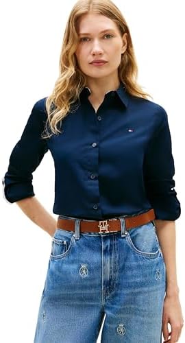 Tommy Hilfiger Womens Cotton Poplin Long Sleeve Button Down Shirt in Regular Fit with Roll Up Sleeve