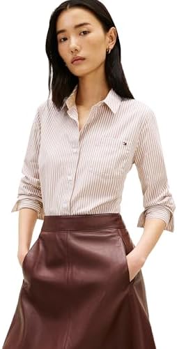 Tommy Hilfiger Womens Cotton Poplin Long Sleeve Button Down Shirt in Regular Fit with Roll Up Sleeve
