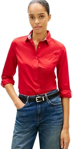 Tommy Hilfiger Womens Cotton Poplin Long Sleeve Button Down Shirt in Regular Fit with Roll Up Sleeve