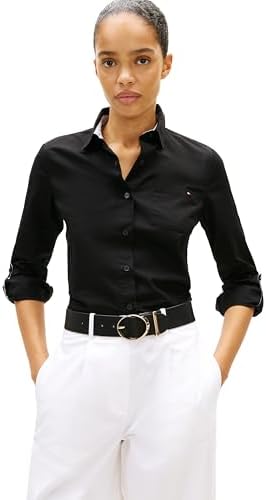 Tommy Hilfiger Womens Cotton Poplin Long Sleeve Button Down Shirt in Regular Fit with Roll Up Sleeve
