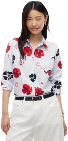 Tommy Hilfiger Womens Cotton Poplin Long Sleeve Button Down Shirt in Regular Fit with Roll Up Sleeve
