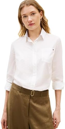 Tommy Hilfiger Womens Cotton Poplin Long Sleeve Button Down Shirt in Regular Fit with Roll Up Sleeve
