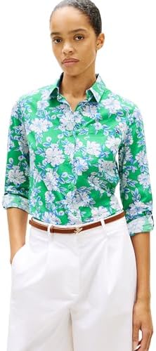 Tommy Hilfiger Womens Cotton Poplin Long Sleeve Button Down Shirt in Regular Fit with Roll Up Sleeve