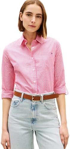 Tommy Hilfiger Womens Cotton Poplin Long Sleeve Button Down Shirt in Regular Fit with Roll Up Sleeve