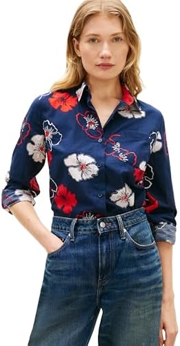 Tommy Hilfiger Womens Cotton Poplin Long Sleeve Button Down Shirt in Regular Fit with Roll Up Sleeve