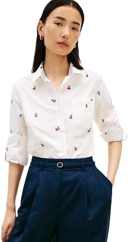 Tommy Hilfiger Womens Cotton Poplin Long Sleeve Button Down Shirt in Regular Fit with Roll Up Sleeve