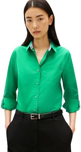 Tommy Hilfiger Womens Cotton Poplin Long Sleeve Button Down Shirt in Regular Fit with Roll Up Sleeve