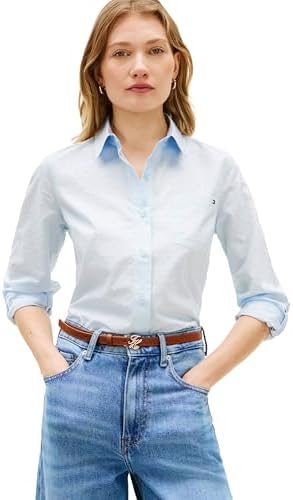 Tommy Hilfiger Womens Cotton Poplin Long Sleeve Button Down Shirt in Regular Fit with Roll Up Sleeve
