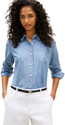 Tommy Hilfiger Womens Cotton Poplin Long Sleeve Button Down Shirt in Regular Fit with Roll Up Sleeve