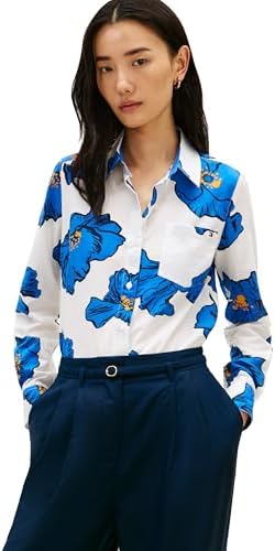 Tommy Hilfiger Womens Cotton Poplin Long Sleeve Button Down Shirt in Regular Fit with Roll Up Sleeve