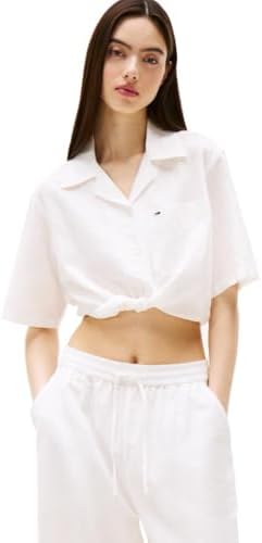 Tommy Jeans Womens Crop Linen Shirt with Front Tie Detail
