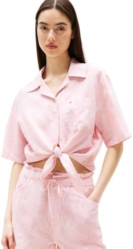 Tommy Jeans Womens Crop Linen Shirt with Front Tie Detail