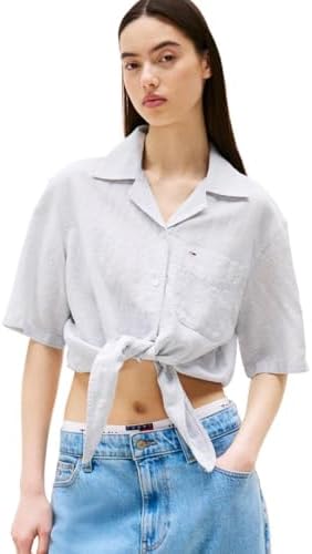 Tommy Jeans Womens Crop Linen Shirt with Front Tie Detail