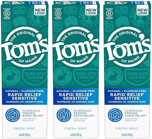 Toms of Maine Fluoride Free Rapid Relief Sensitive Toothpaste  Fresh Mint  4 oz  3 Pack  Packaging May Vary 