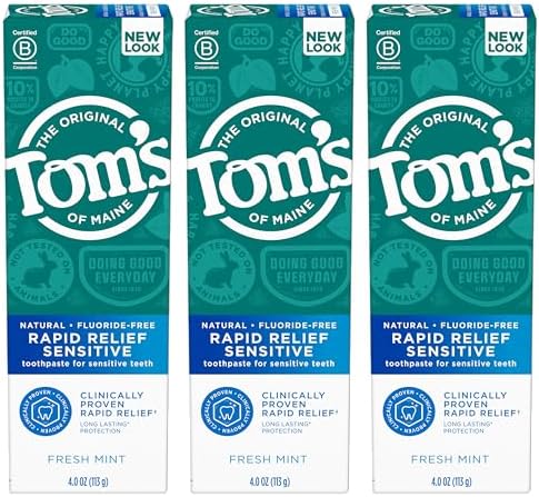 Toms of Maine Fluoride Free Rapid Relief Sensitive Toothpaste  Fresh Mint  4 oz  3 Pack  Packaging May Vary 
