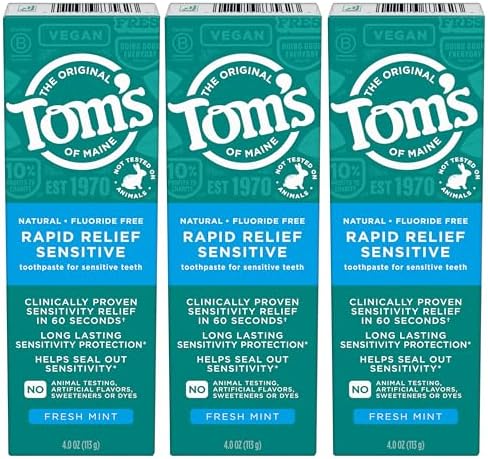 Toms of Maine Fluoride Free Rapid Relief Sensitive Toothpaste  Fresh Mint  4 oz  3 Pack  Packaging May Vary 