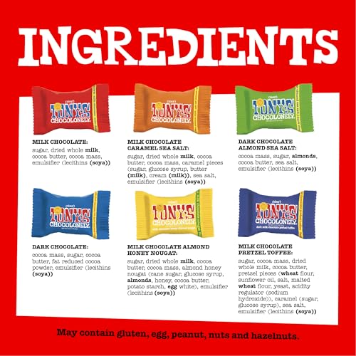 Tony s Chocolonely Assorted Chocolate Candy Pieces  Belgian Milk & Dark Chocolate  Caramel Sea Salt  Almond Sea Salt  Honey Almond Nougat  Pretzel Toffee  Quality Fairtrade Cocoa  36 Count  11 28 Oz