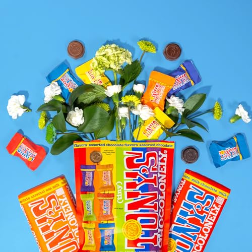 Tony s Chocolonely Assorted Chocolate Candy Pieces  Belgian Milk & Dark Chocolate  Caramel Sea Salt  Almond Sea Salt  Honey Almond Nougat  Pretzel Toffee  Quality Fairtrade Cocoa  36 Count  11 28 Oz