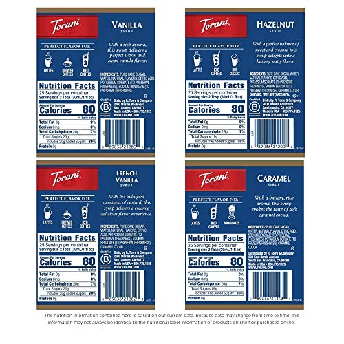 Torani Variety Pack Caramel  French Vanilla  Vanilla & Hazelnut  25 4 Ounces  Pack of 4