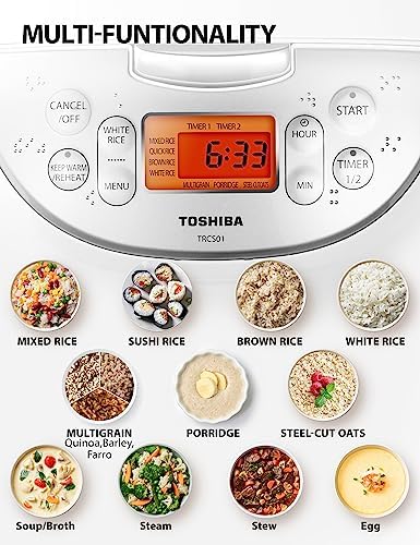 Toshiba Rice Cooker 6 Cup Uncooked   Japanese Rice Cooker with Fuzzy Logic Technology  7 Cooking Functions  Digital Display  2 Delay Timers and Auto Keep Warm  Non Stick Inner Pot  White