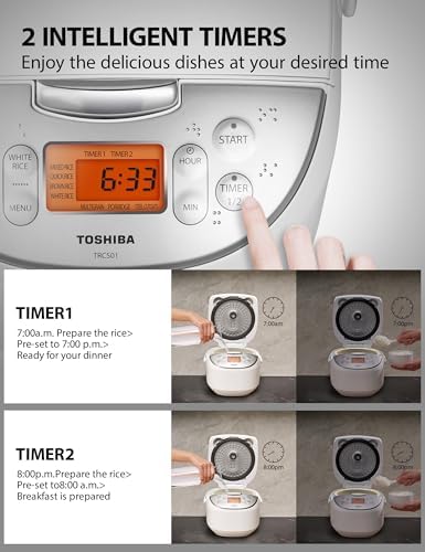 Toshiba Rice Cooker 6 Cup Uncooked   Japanese Rice Cooker with Fuzzy Logic Technology  7 Cooking Functions  Digital Display  2 Delay Timers and Auto Keep Warm  Non Stick Inner Pot  White