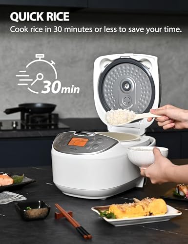 Toshiba Rice Cooker 6 Cup Uncooked   Japanese Rice Cooker with Fuzzy Logic Technology  7 Cooking Functions  Digital Display  2 Delay Timers and Auto Keep Warm  Non Stick Inner Pot  White