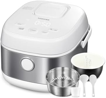 Toshiba Rice Cooker 6 Cup Uncooked   Japanese Rice Cooker with Fuzzy Logic Technology  7 Cooking Functions  Digital Display  2 Delay Timers and Auto Keep Warm  Non Stick Inner Pot  White