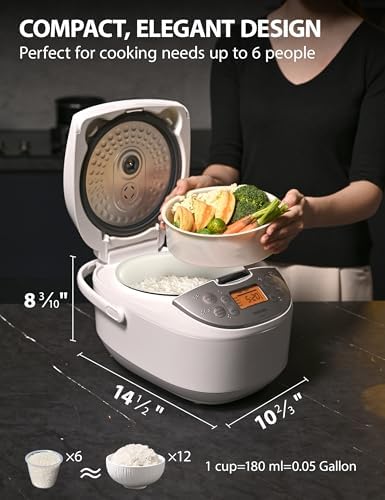 Toshiba Rice Cooker 6 Cup Uncooked   Japanese Rice Cooker with Fuzzy Logic Technology  7 Cooking Functions  Digital Display  2 Delay Timers and Auto Keep Warm  Non Stick Inner Pot  White