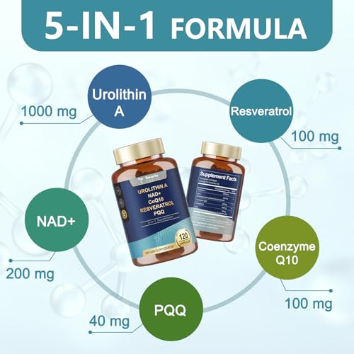 Totaria Urolitina Un suplemento de 1000 mg con NAD+, CoQ10, Resveratrol, Suplemento PQQ para hombres y mujeres, 120 cápsulas blandas para energía muscular, antioxidantes, alta biodisponibilidad