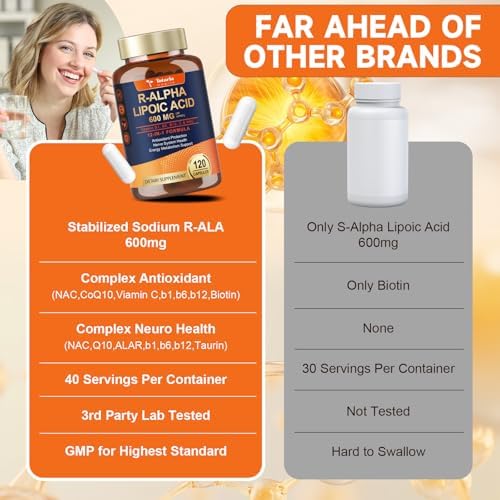 Totaria  2 Packs  R Alpha Lipoic Acid 600mg   Stabilized ALA Supplement for Neuropathy Support Capsules  Nerve Health  Nervous System and Antioxidant  Non GMO  Gluten Free  Vegan Safe 120 Counts