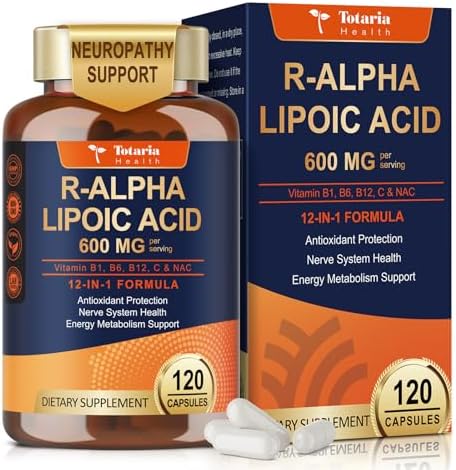 Totaria  2 Packs  R Alpha Lipoic Acid 600mg   Stabilized ALA Supplement for Neuropathy Support Capsules  Nerve Health  Nervous System and Antioxidant  Non GMO  Gluten Free  Vegan Safe 120 Counts