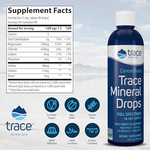 Trace Minerals ConcenTrace Trace Mineral Drops   Supports Energy  Digestion  Bone Health & Hydration  70  Ionic Trace Minerals w/ Magnesium  Chloride & Potassium   Keto  Vegan & Non GMO   48 Servings