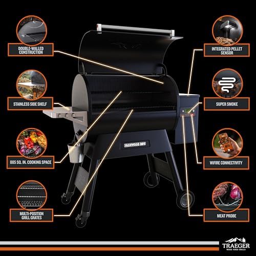 Traeger Ironwood 885 Wood Pellet Grill and Smoker  WiFi Pellet Smoker Grill with Super Smoke Mode  D2 Controller  Large 885 sq  in  Cooking Area  Outdoor BBQ Electric Pellet Smoker  TFB89BLFC