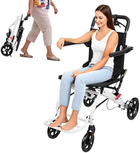 Transport Wheelchair Lightweight Foldable 8 2KG   Travel Chair  Portable Wheelchairs  Adjustable Safety Strap Carbon Steel Frame PU Wheels 16 Inch Seat Width  Support 200lbs White