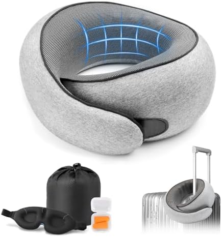 Travel Neck Pillow with 100  Pure Memory Foam  G Shape  Includes Eye Mask & Ear Plugs  Ergonomic Design for Airplane  Car & Office  etc  Beige Gray