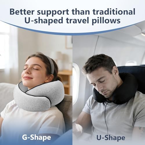 Travel Neck Pillow with 100  Pure Memory Foam  G Shape  Includes Eye Mask & Ear Plugs  Ergonomic Design for Airplane  Car & Office  etc  Beige Gray