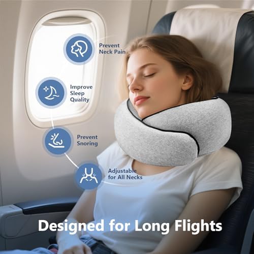 Travel Neck Pillow with 100  Pure Memory Foam  G Shape  Includes Eye Mask & Ear Plugs  Ergonomic Design for Airplane  Car & Office  etc  Beige Gray