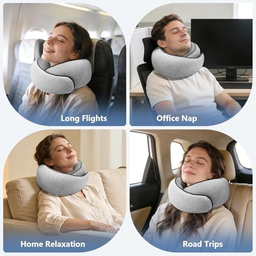 Travel Neck Pillow with 100  Pure Memory Foam  G Shape  Includes Eye Mask & Ear Plugs  Ergonomic Design for Airplane  Car & Office  etc  Beige Gray