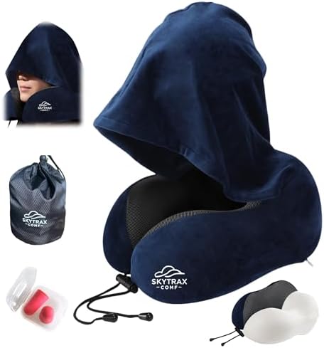 Travel Pillow with Extra Large Hood for Airplane Long Flights Privacy and Comfort Memory Foam with Velvet Cover for Road Trip Head&Neck Support for Plane Office Cars Sleeping & Rest  Navy Blue 