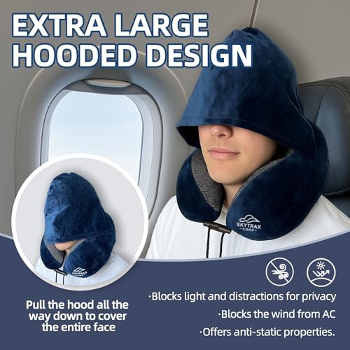 Travel Pillow with Extra Large Hood for Airplane Long Flights Privacy and Comfort Memory Foam with Velvet Cover for Road Trip Head&Neck Support for Plane Office Cars Sleeping & Rest  Navy Blue 