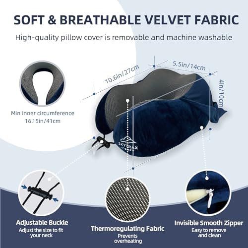 Travel Pillow with Extra Large Hood for Airplane Long Flights Privacy and Comfort Memory Foam with Velvet Cover for Road Trip Head&Neck Support for Plane Office Cars Sleeping & Rest  Navy Blue 