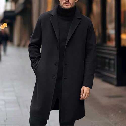 Trench Coat Men Wool Blend Pea Coat Notched Collar Single Breasted Overcoat Business Casual Winter Jacket with Pockets