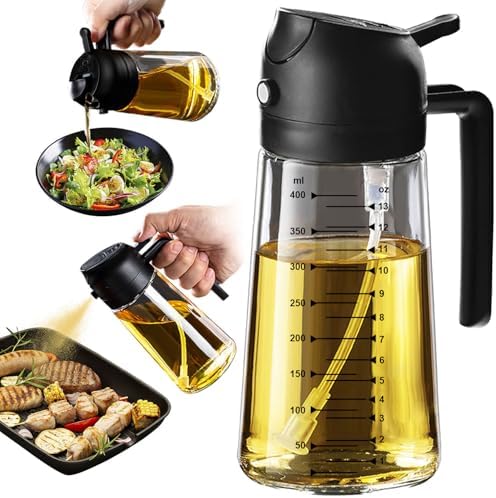 TrendPlain 16oz/470ml Glass Olive Oil Sprayer for Cooking   2 in 1 Olive Oil Dispenser Bottle for Kitchen Gadgets and Air Fryer Accessories  Salad  BBQ   Black
