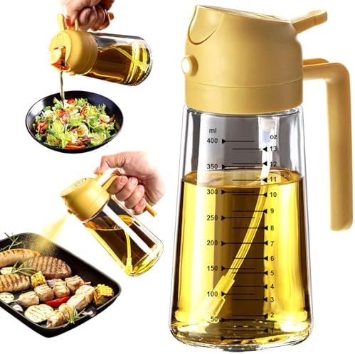 TrendPlain 16oz/470ml Glass Olive Oil Sprayer for Cooking   2 in 1 Olive Oil Dispenser Bottle for Kitchen Gadgets and Air Fryer Accessories  Salad  BBQ   Black