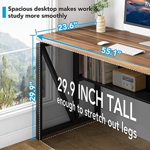 Tribesigns 55 inches Computer Desk with Bottom Storage Shelf Home Office Desk Writing Table for Workstation  Dark Walnut   Steel Leg  Cabinet not Included  Walnut  55 inch  with Shelf 