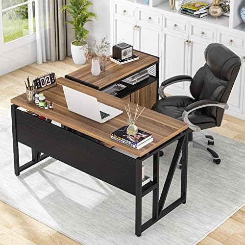 Tribesigns 55 inches Computer Desk with Bottom Storage Shelf Home Office Desk Writing Table for Workstation  Dark Walnut   Steel Leg  Cabinet not Included  Walnut  55 inch  with Shelf 