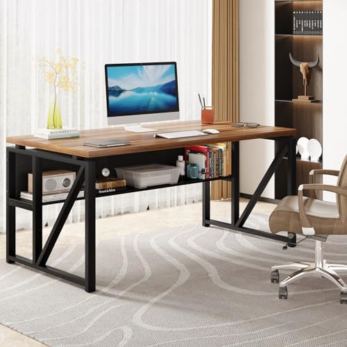 Tribesigns 55 inches Computer Desk with Bottom Storage Shelf Home Office Desk Writing Table for Workstation  Dark Walnut   Steel Leg  Cabinet not Included  Walnut  55 inch  with Shelf 