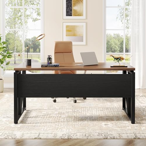 Tribesigns 55 inches Computer Desk with Bottom Storage Shelf Home Office Desk Writing Table for Workstation  Dark Walnut   Steel Leg  Cabinet not Included  Walnut  55 inch  with Shelf 
