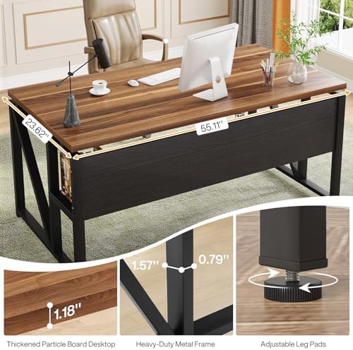 Tribesigns 55 inches Computer Desk with Bottom Storage Shelf Home Office Desk Writing Table for Workstation  Dark Walnut   Steel Leg  Cabinet not Included  Walnut  55 inch  with Shelf 