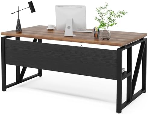 Tribesigns 55 inches Computer Desk with Bottom Storage Shelf Home Office Desk Writing Table for Workstation  Dark Walnut   Steel Leg  Cabinet not Included  Walnut  55 inch  with Shelf 